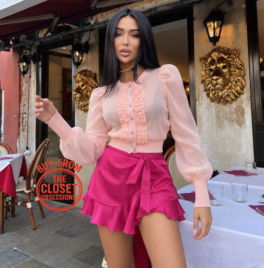 Zara NWT Pink Semi Sheer Ruffle Jewel Button Blouse M